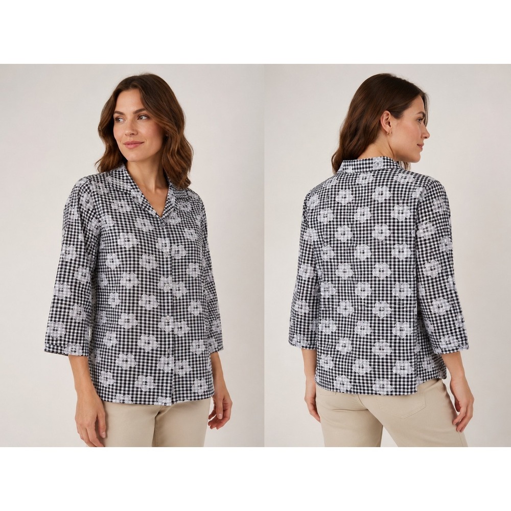 Alfred‎ Dunner Women's Medium Button Front Blouse Black White Gingham Floral Top